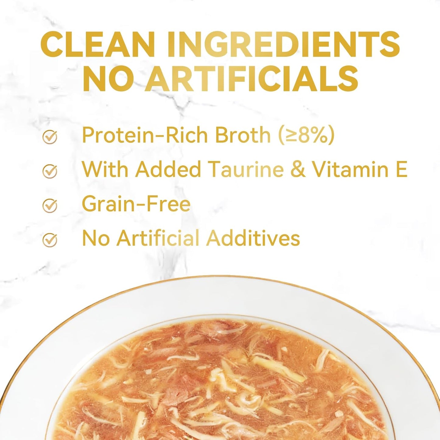 Close up of shredded chicken and broth in a bowl