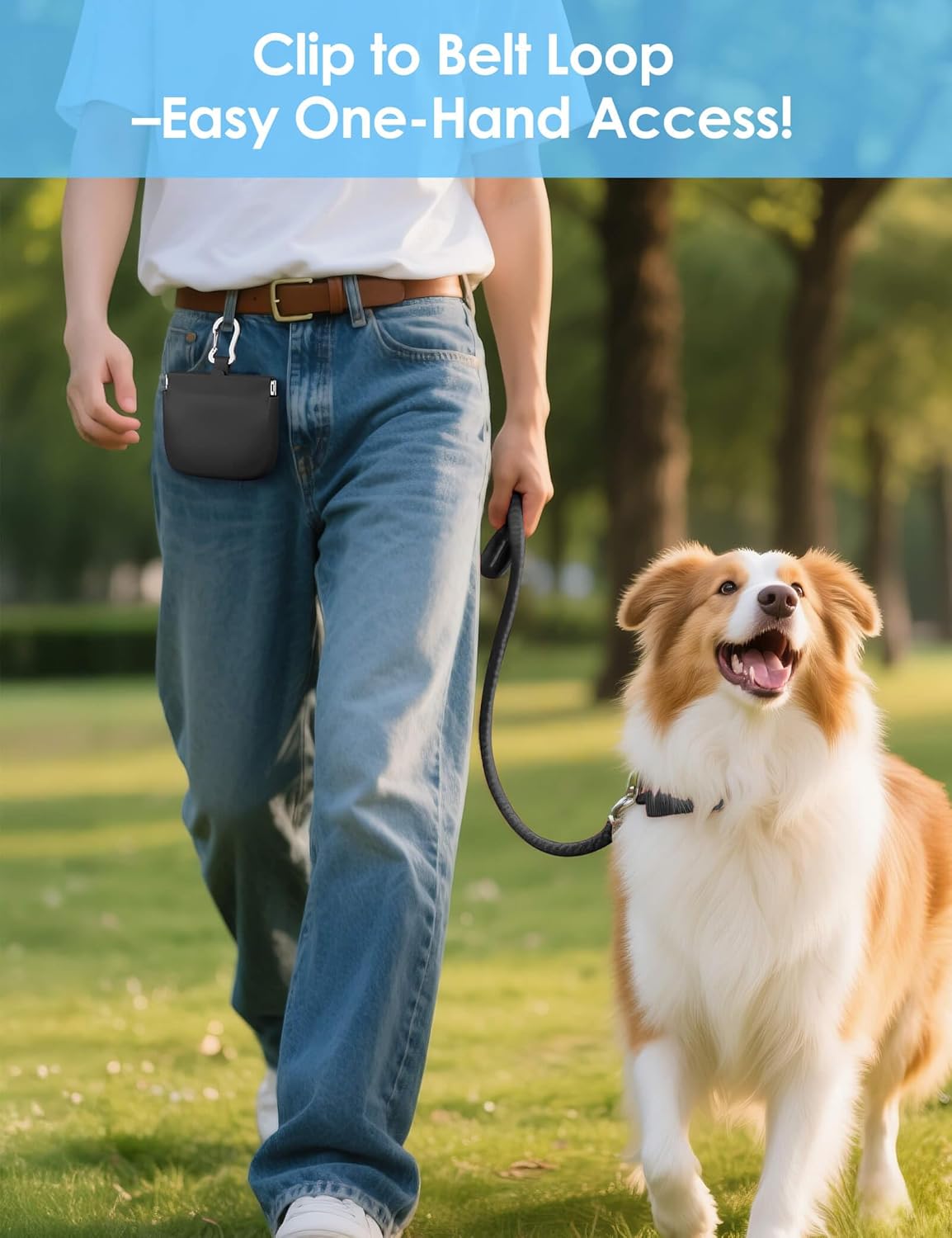 Black silicone dog training pouch attached to a leash