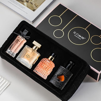 Gabelil Beauty Flower Stories Women Perfume Gift Set front view displaying four unique bottles inside the black presentation box.