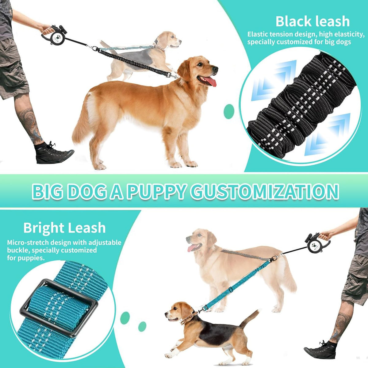 Reflective safety stitching detail on the AKEISHE 2 in 1 dual leash for night walking security