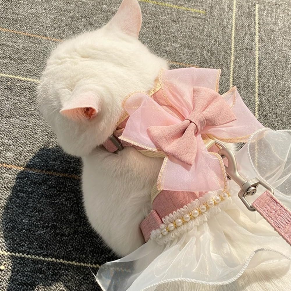 Pink cat harness and leash set on display
