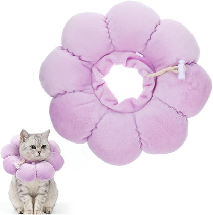 QKURT Cat Cone Collar front view of lilac flower-shaped pet recovery collar