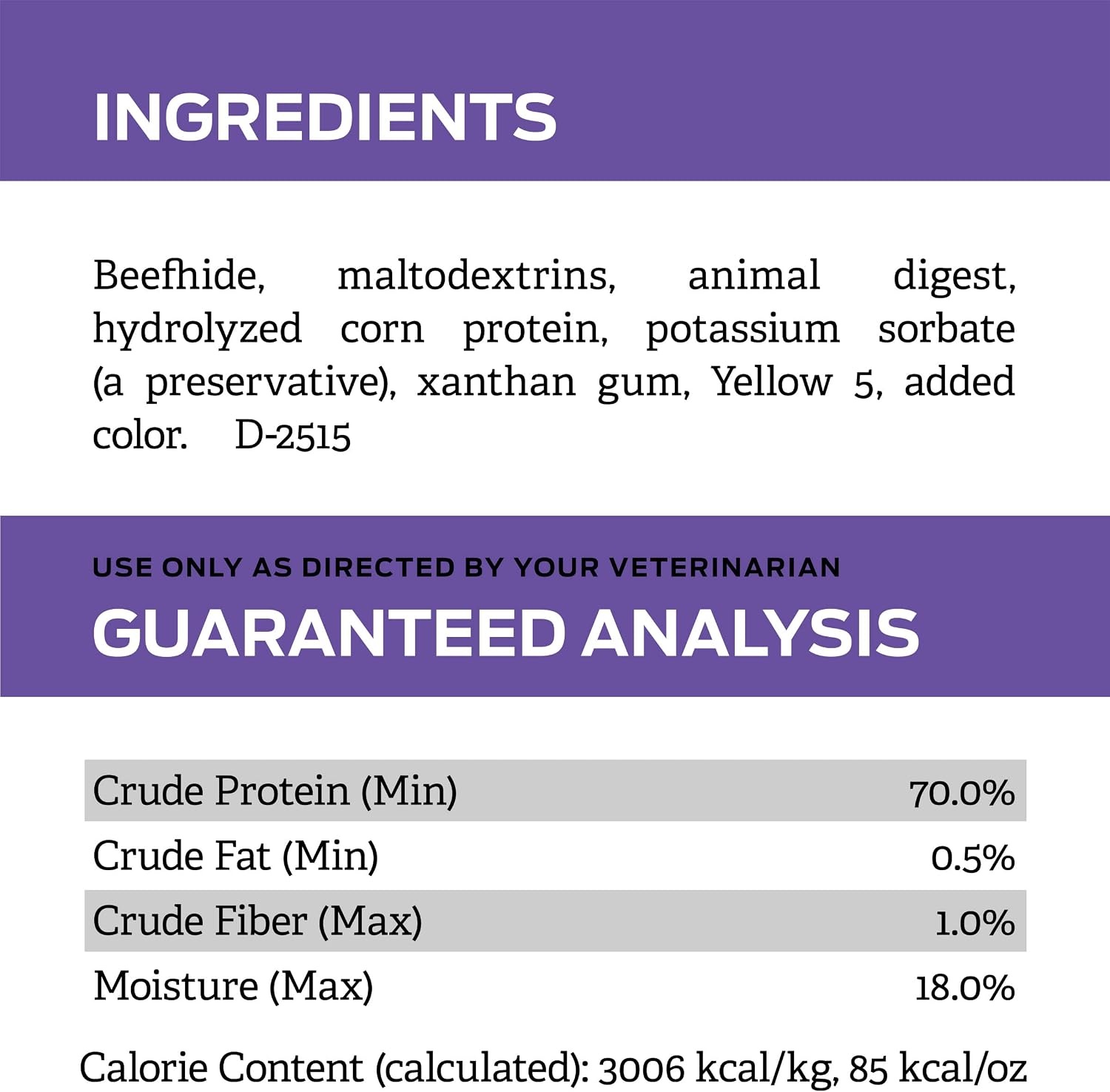 Back of Pro Plan Veterinary Diets Dental Chewz box showing ingredients