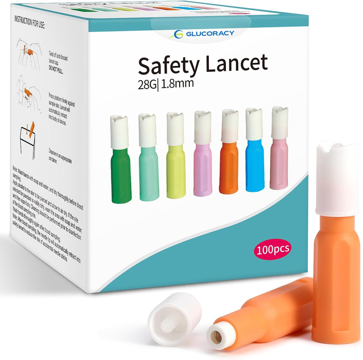 Glucoracy Safety Lancets 100 Count front package view showing sterile 28 Gauge blood sampling devices.