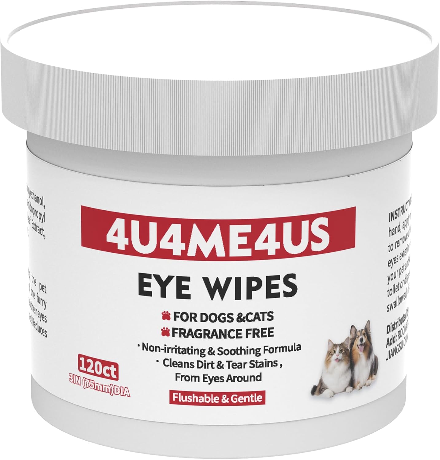 4U4ME4US Pet Eye Wipes and Tear Stain Remover front container view showing 120 count label