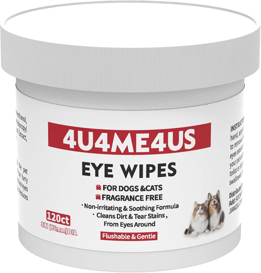 4U4ME4US Pet Eye Wipes and Tear Stain Remover front container view showing 120 count label