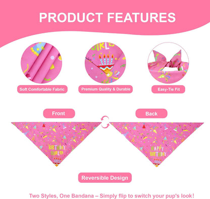 Dog Birthday Girl Bandana for Small Dogs - Reversible Pink Confetti Tie-On Scarf, Happy Birthday Party Outfit Puppy Gift, 9-14" Neck - Image 3