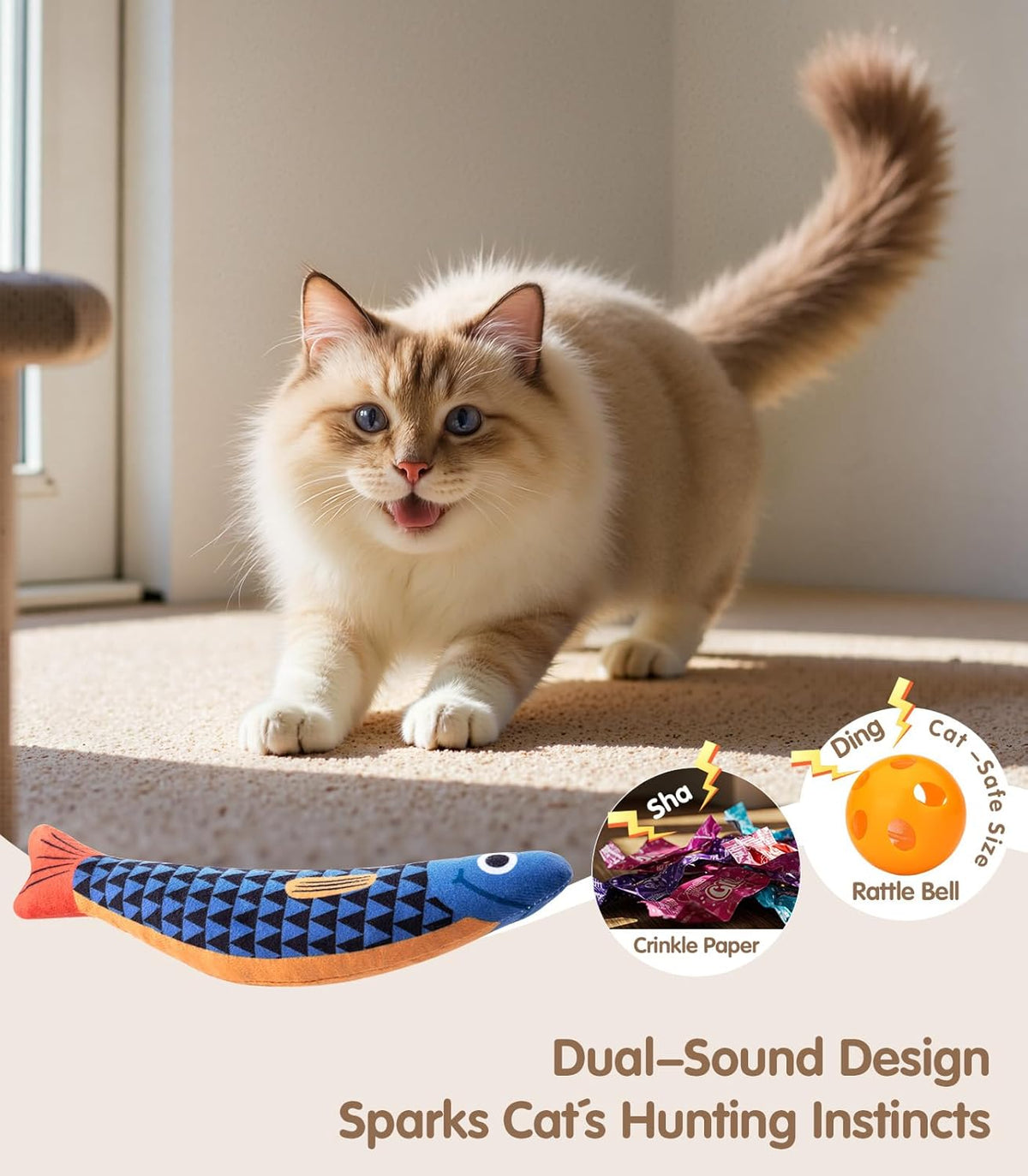 Cat nip plush chew toy showing the internal crinkle paper and hidden rattle feature.