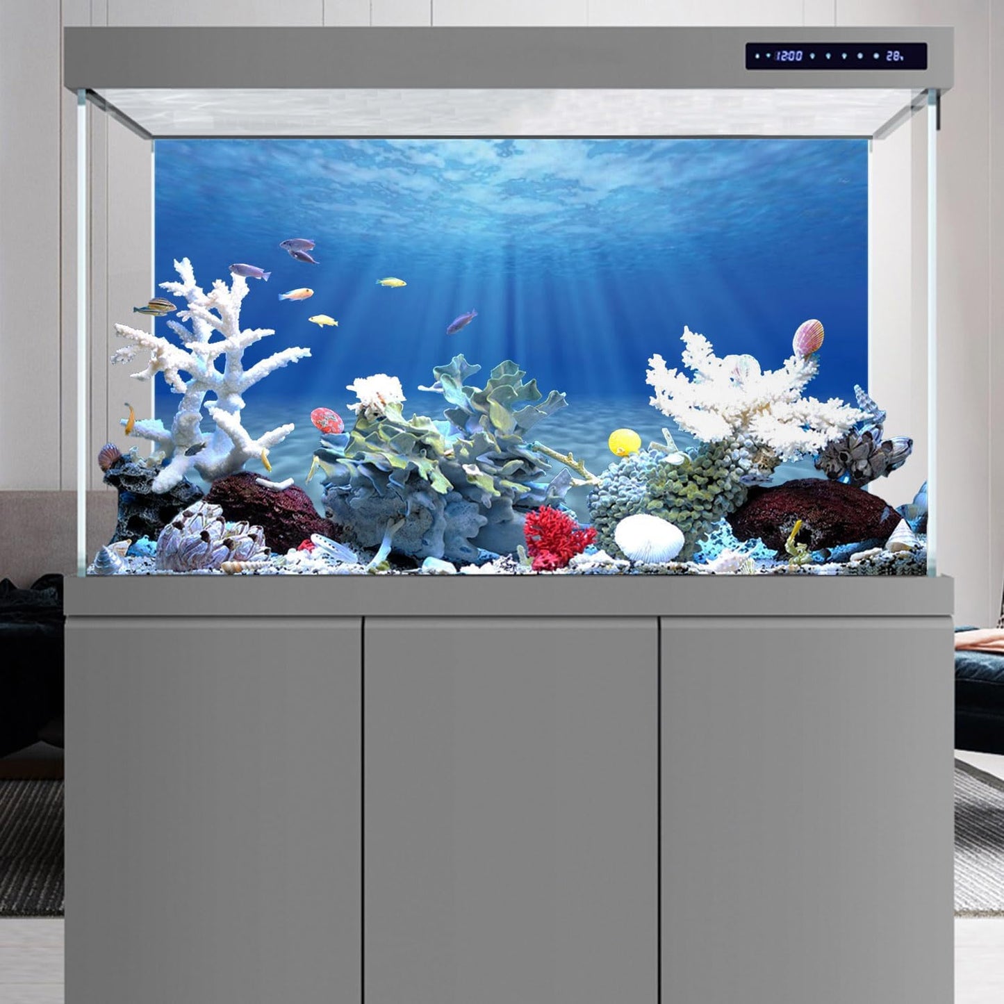 Imported forty eight by eighteen inches reptile terrarium habitat background installed cleanly on an outdoor glass panel.