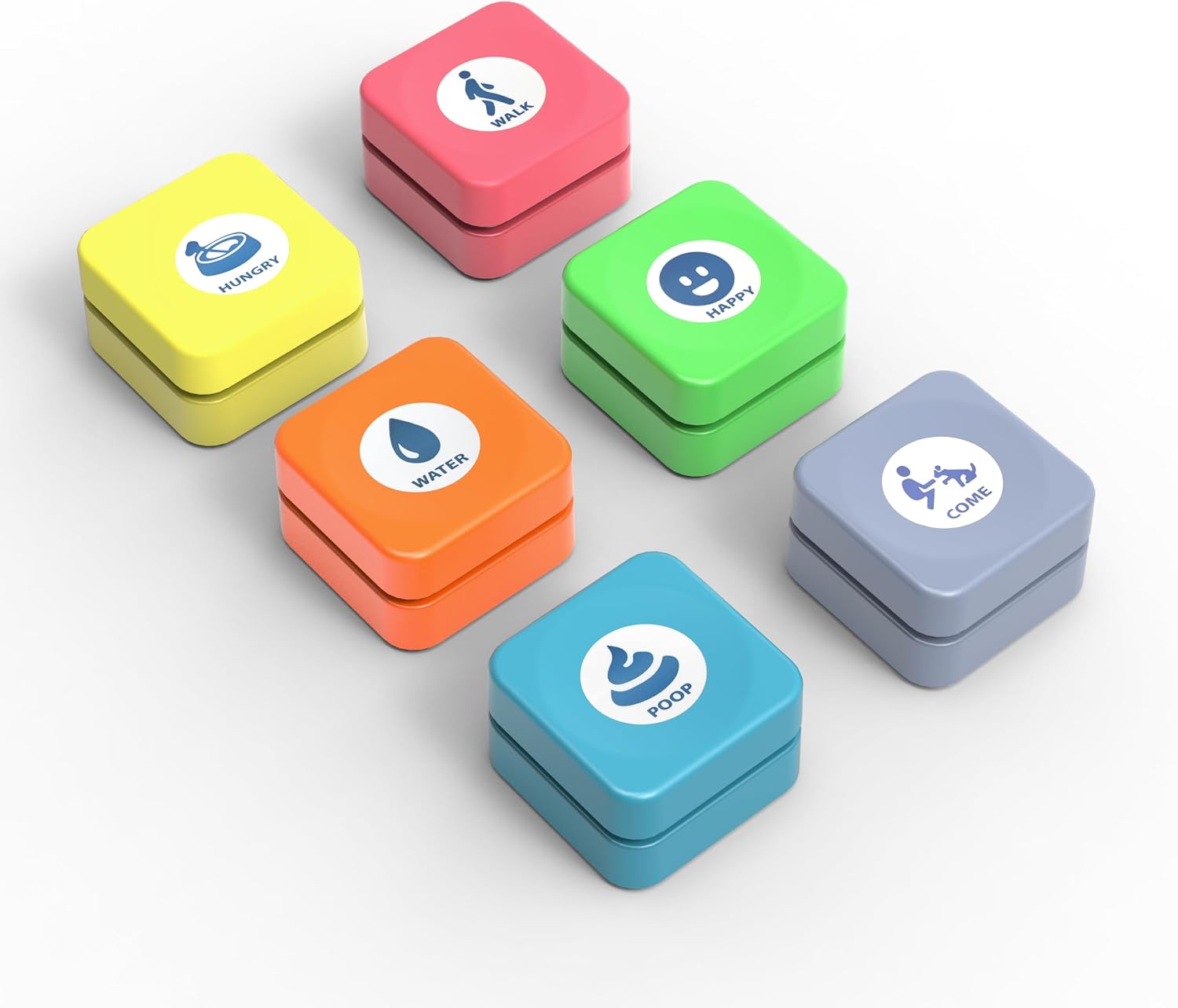Goplemo six count dog talking buttons set with built in rechargeable batteries.