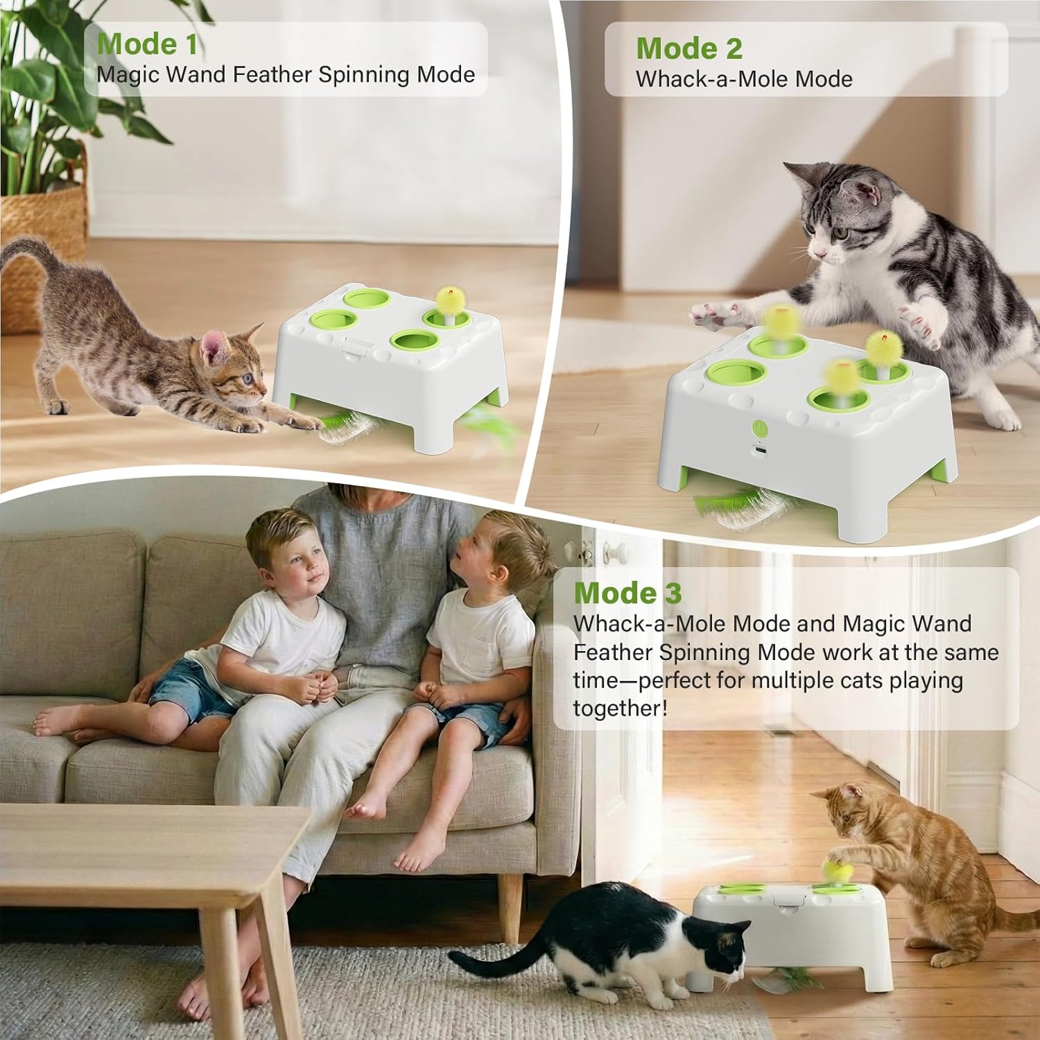 HAPPYCODE interactive cat toy showing the spinning feather teaser and whack-a-mole mechanism.