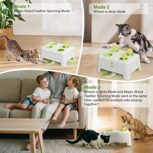 HAPPYCODE interactive cat toy showing the spinning feather teaser and whack-a-mole mechanism.