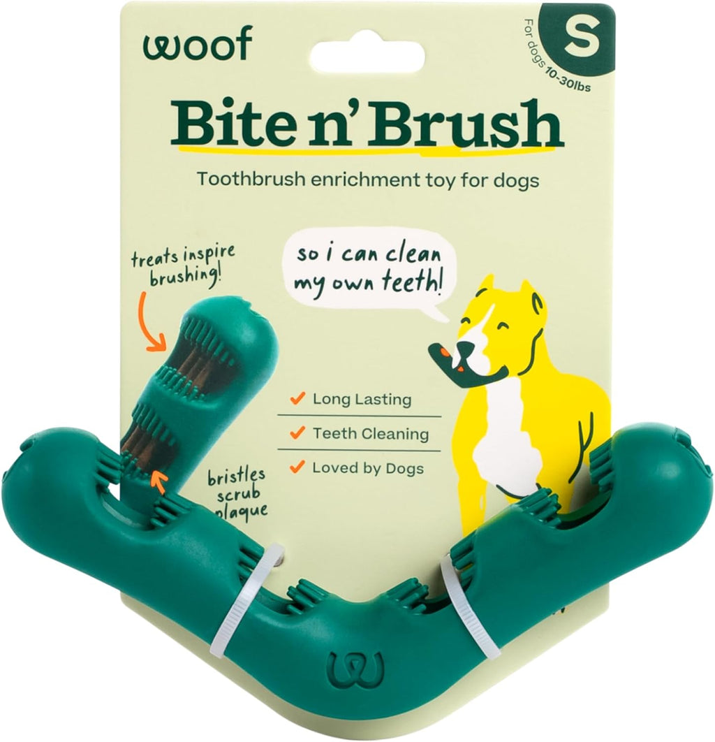 Woof The Bite N' Brush green dog toothbrush toy front view