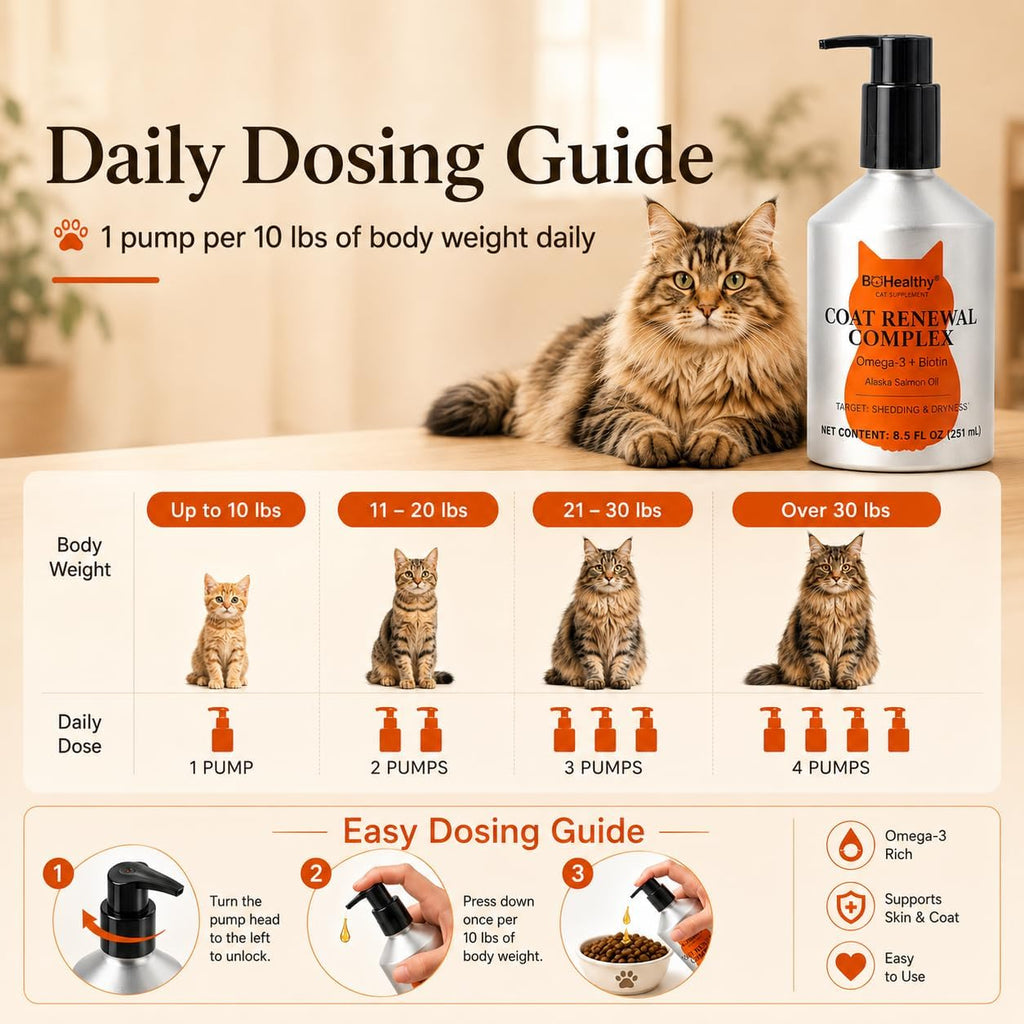 Nutritional facts panel of BoHealthy cat coat renewal complex indicating EPA and DHA levels.
