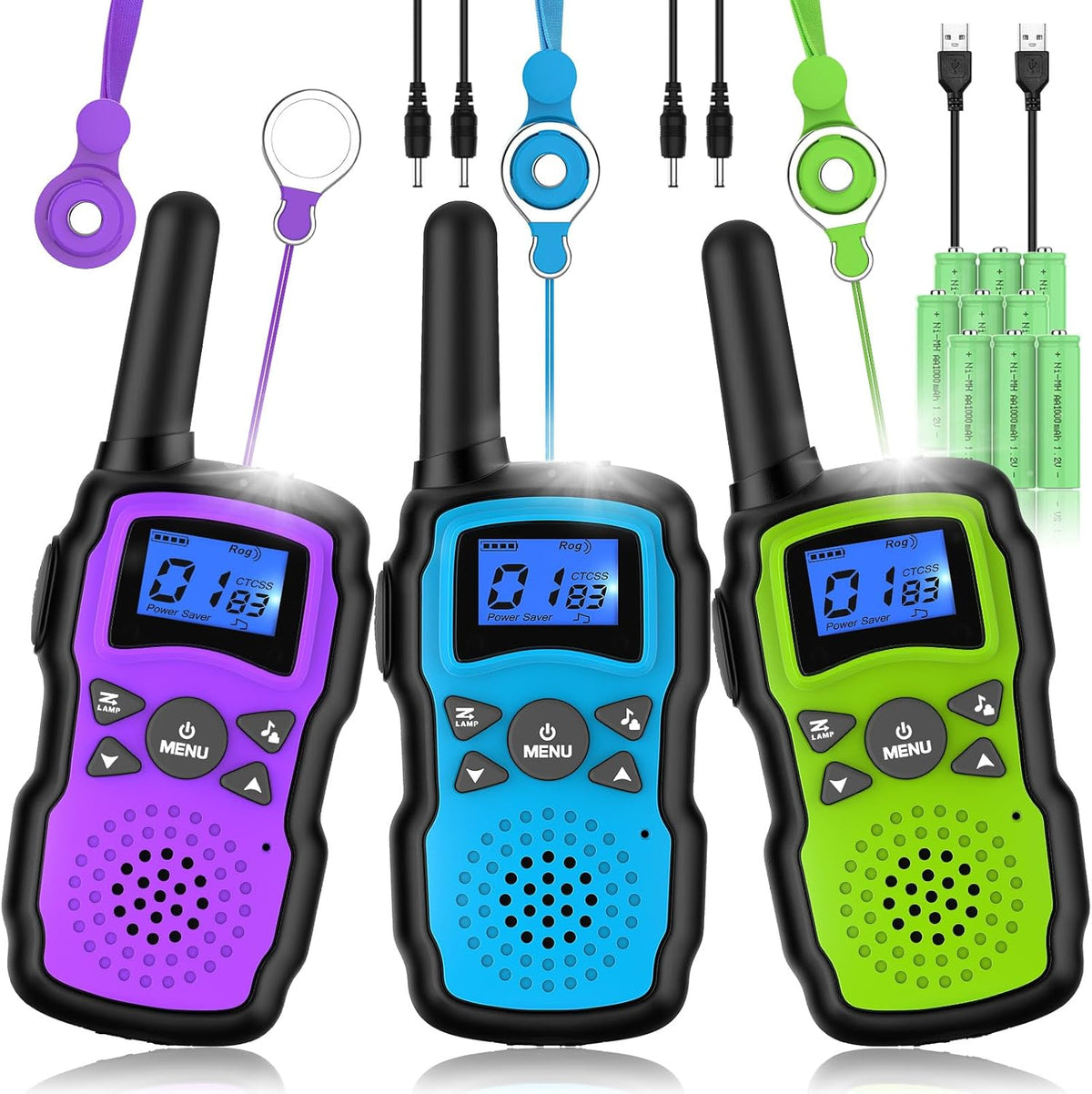Wishouse M8 Rechargeable Walkie Talkies front view of three pack set in purple blue and green colors