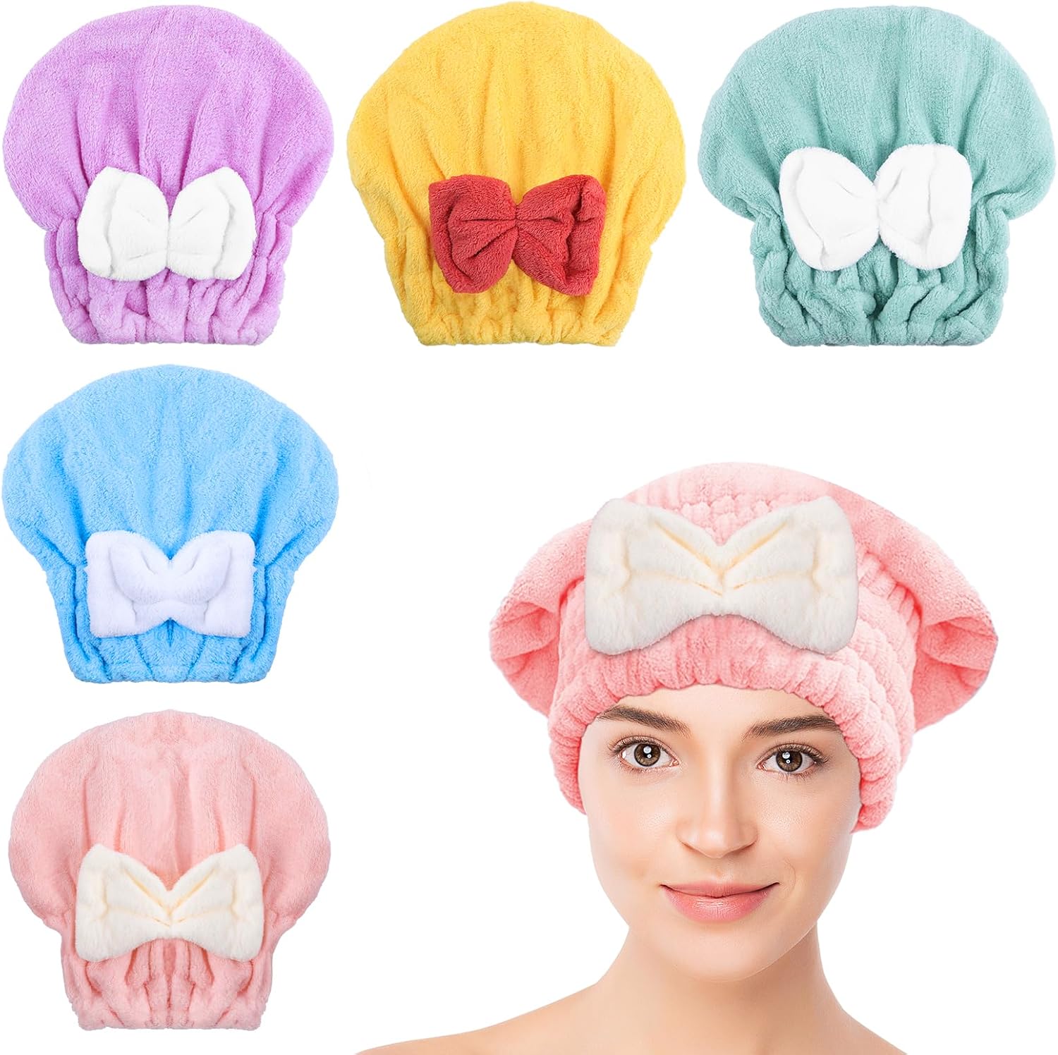 Kldnkig 5-pack microfiber hair drying caps front view