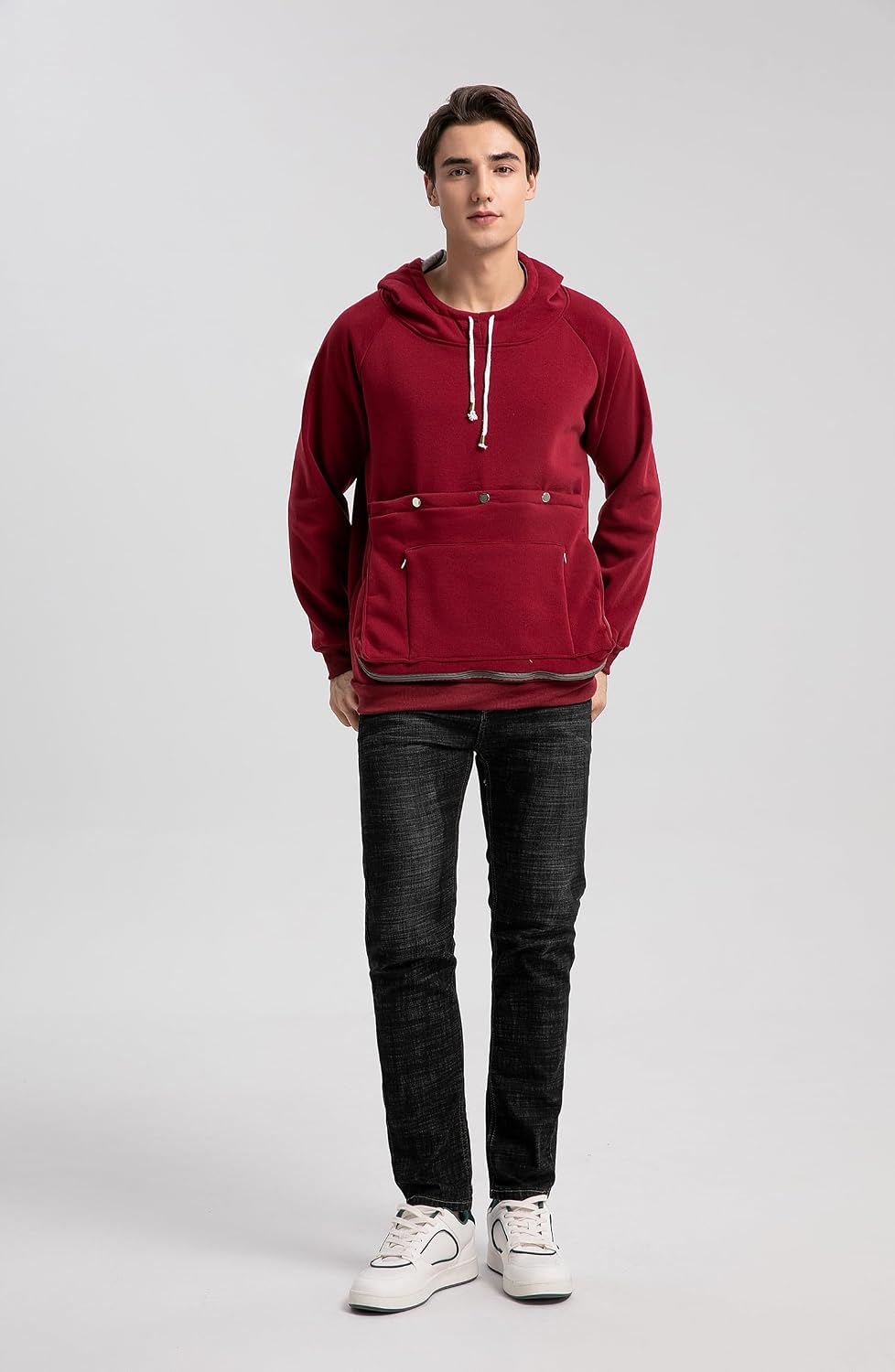 Close up of the removable and machine washable pouch liner on the ALYC sweatshirt