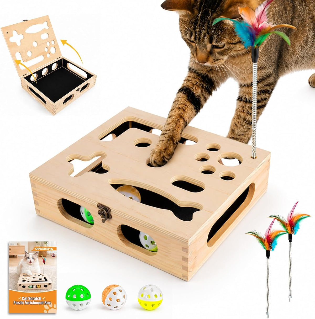 Cat Scratch Puzzle Enrichment Box, Interactive Cat Toy for 3 Balls & 2 Wand - Image 9