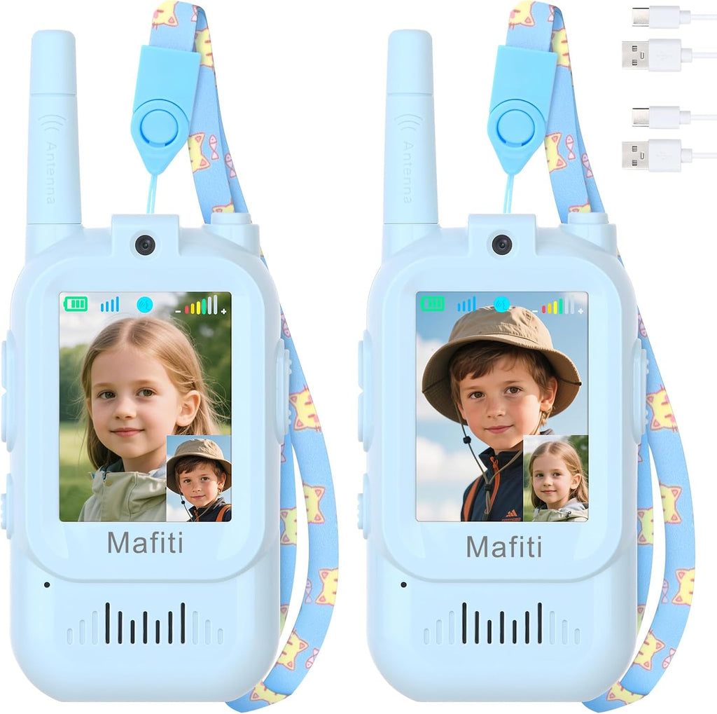 Mafiti kids video walkie talkies two pack front view showing light blue rechargeable bodies and color screens.