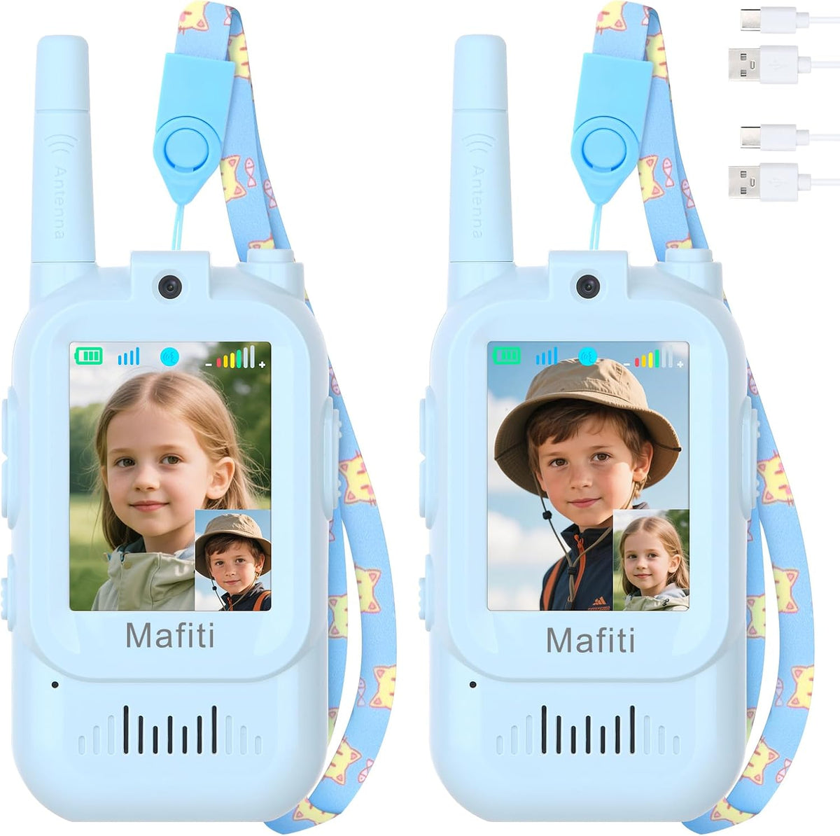 Mafiti kids video walkie talkies two pack front view showing light blue rechargeable bodies and color screens.
