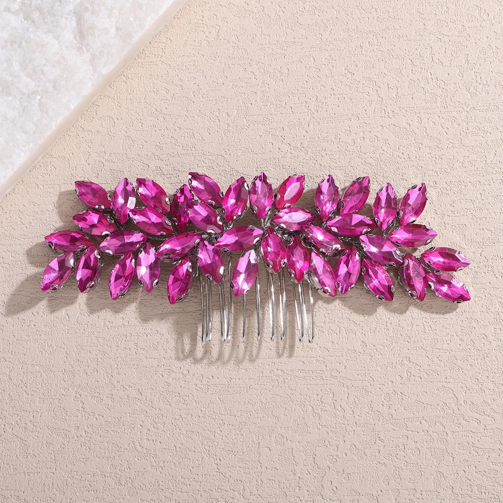 Teyglen womens dainty rhinestone hair comb front view showing rose red floral crystals