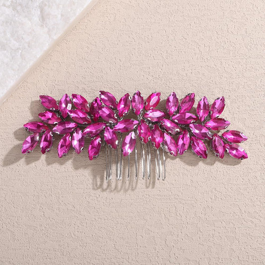 Teyglen womens dainty rhinestone hair comb front view showing rose red floral crystals