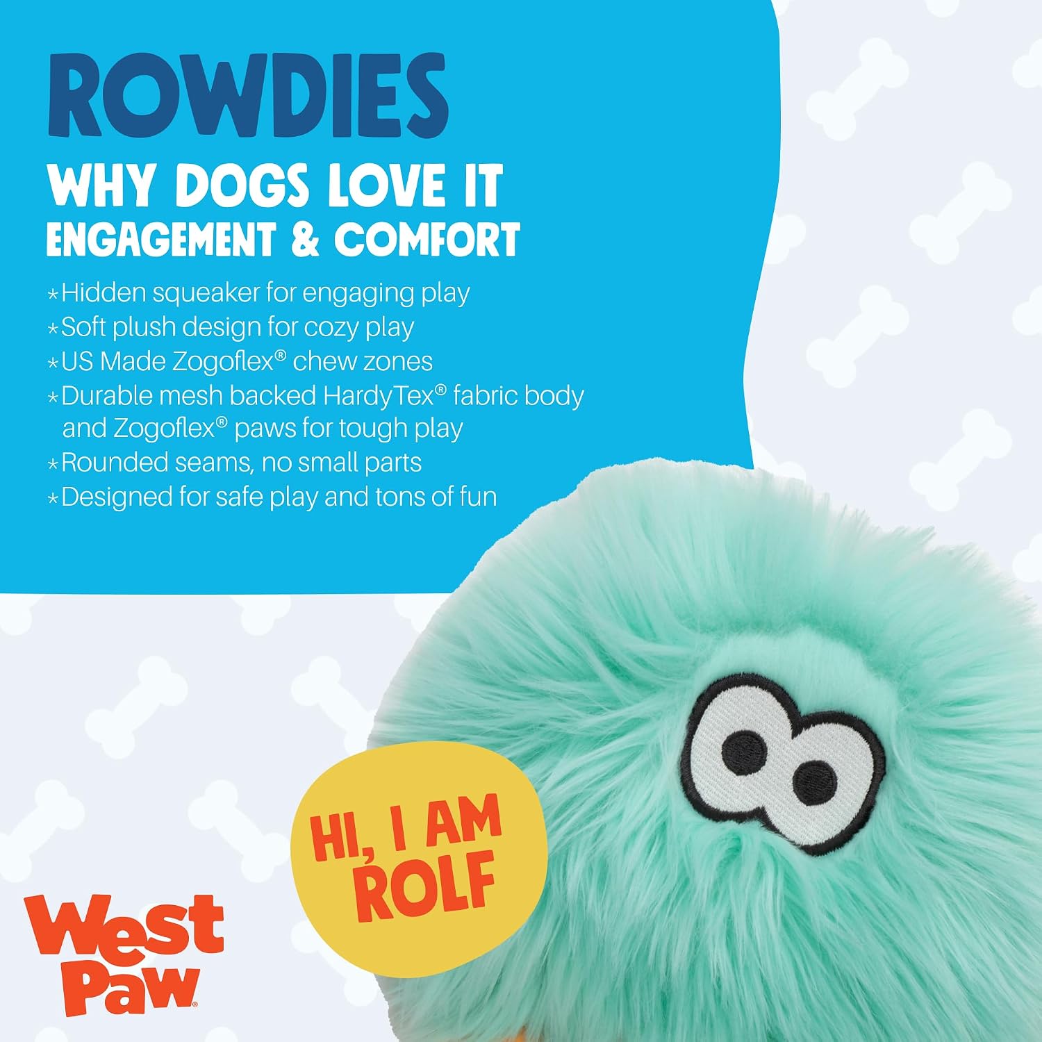WEST PAW Rowdies Rolf Durable Plush Dog Toy with HardyTex Reinforced Seams Engaging Squeaker with Soft Cuddly Exterior Hand Sewn and Finished in Bozeman Montana for Dogs - Seafoam - Image 2