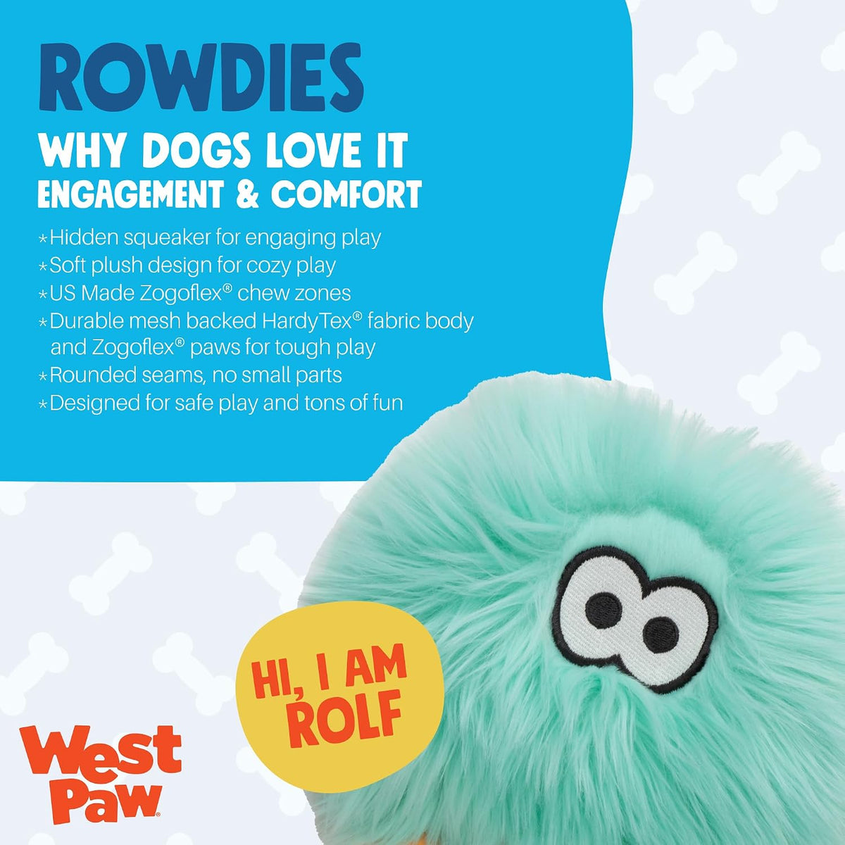 WEST PAW Rowdies Rolf Durable Plush Dog Toy with HardyTex Reinforced Seams Engaging Squeaker with Soft Cuddly Exterior Hand Sewn and Finished in Bozeman Montana for Dogs - Seafoam - Image 2