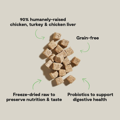 Open Farm Kitty Cubes ingredients list showing chicken turkey and probiotics