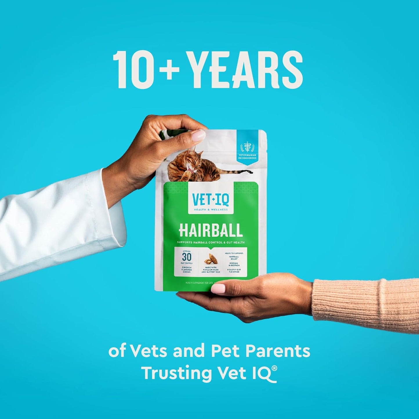 Premium VetIQ functional cat treats for indoor and long haired feline digestive health support.