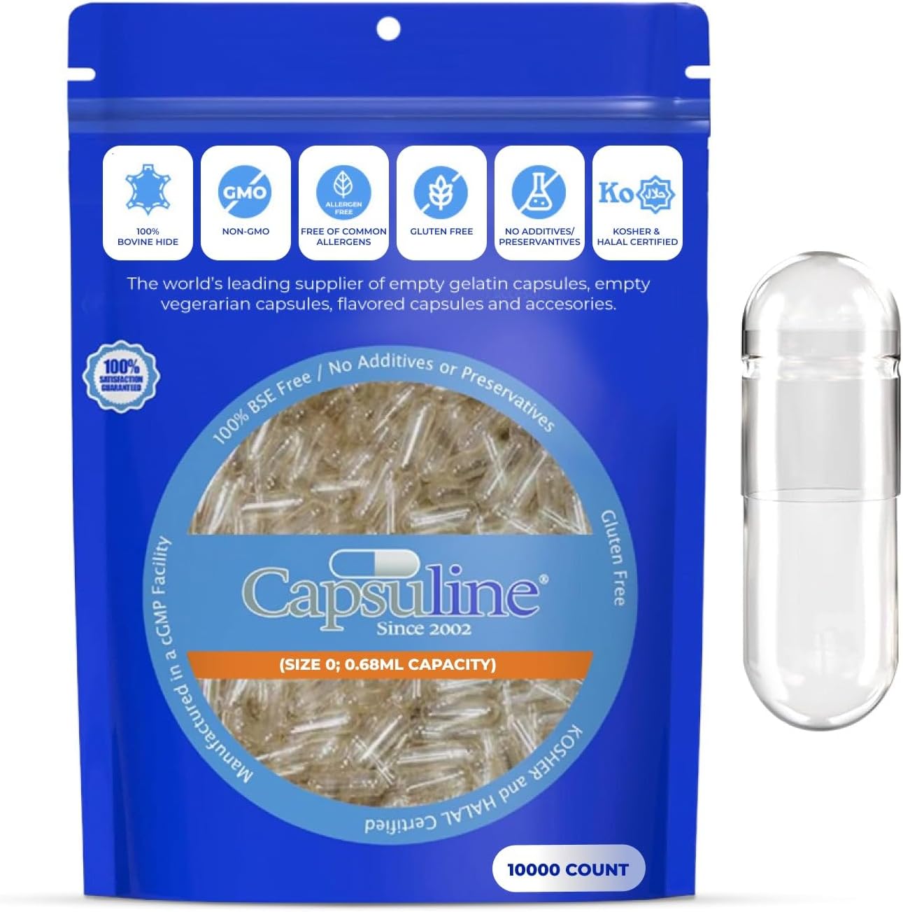 Capsuline Size 0 Clear Empty Gelatin Capsules 10000 Count box front view