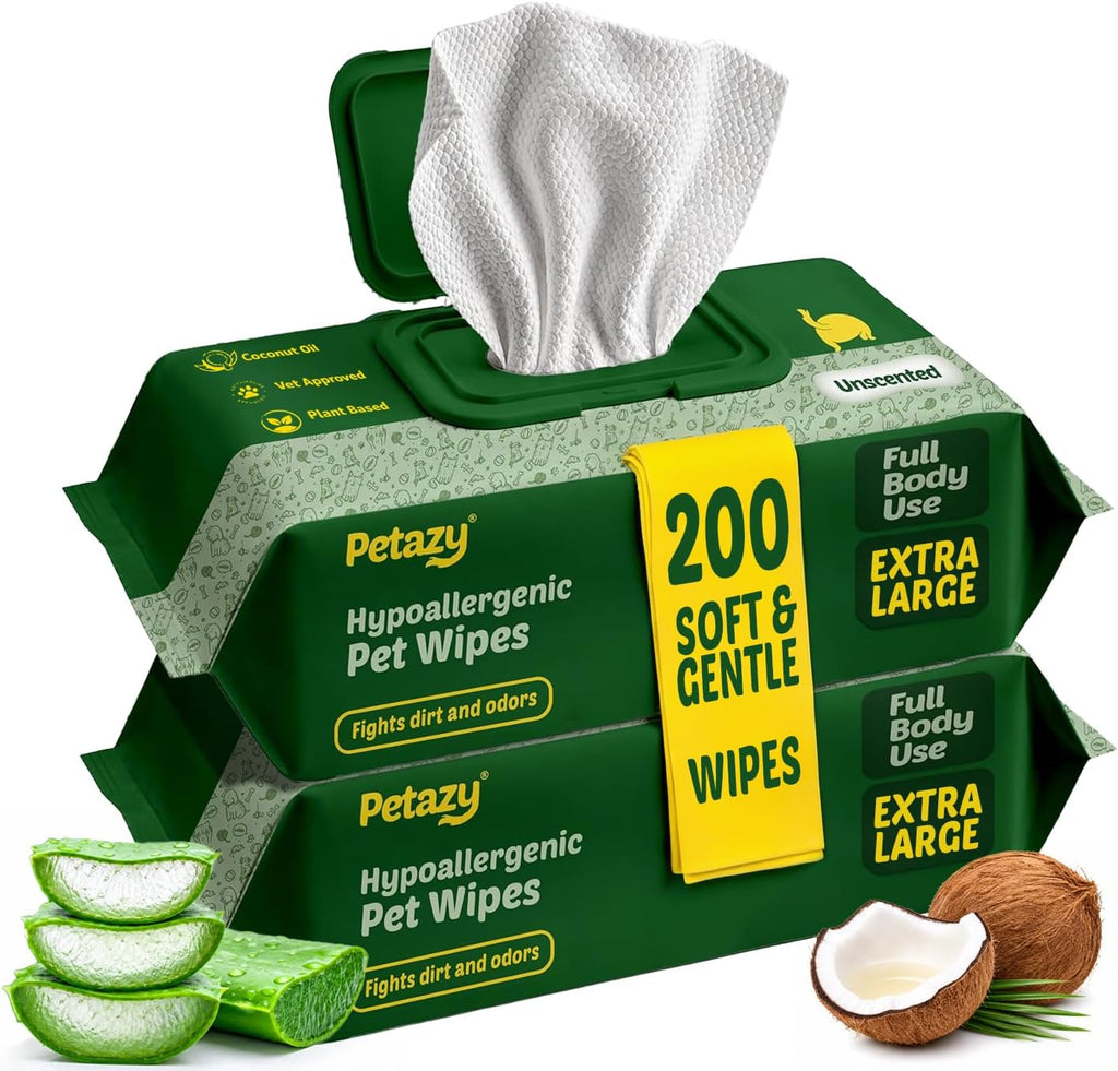 Petazy Pet Wipes for Dogs and Cats - 400 Count (8x8in) Hypoallergenic, Deodorizing Dog Wipes for Paws, Ears and Butt | XL with Aloe & Coconut Oil, Lavender Scented | Includes 4 Grooming Glove Wipes - Image 13