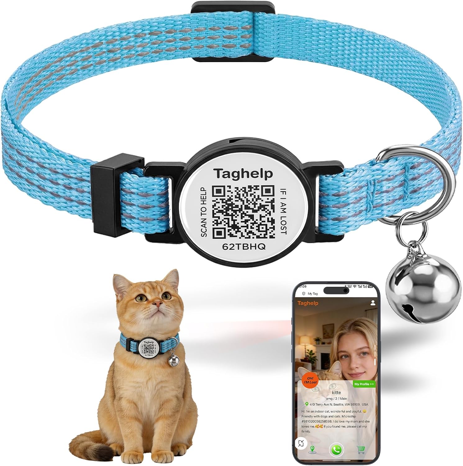 Reflective AirTag Cat Collar, Integrated Cat Collar with Air Tag Holder and Bell, Breakaway with QR Code Name Tag,Safety Elastic Band Cat Collars for Girl Boy Cats, Kittens and Puppies (Blue) - Image 12