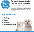 Back label of Vet Classics tear stain supplement showing instructions and ingredients.
