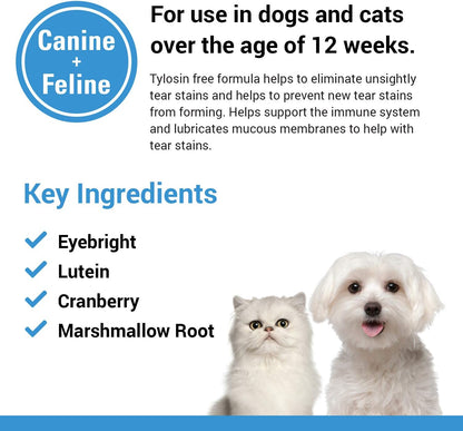 Back label of Vet Classics tear stain supplement showing instructions and ingredients.