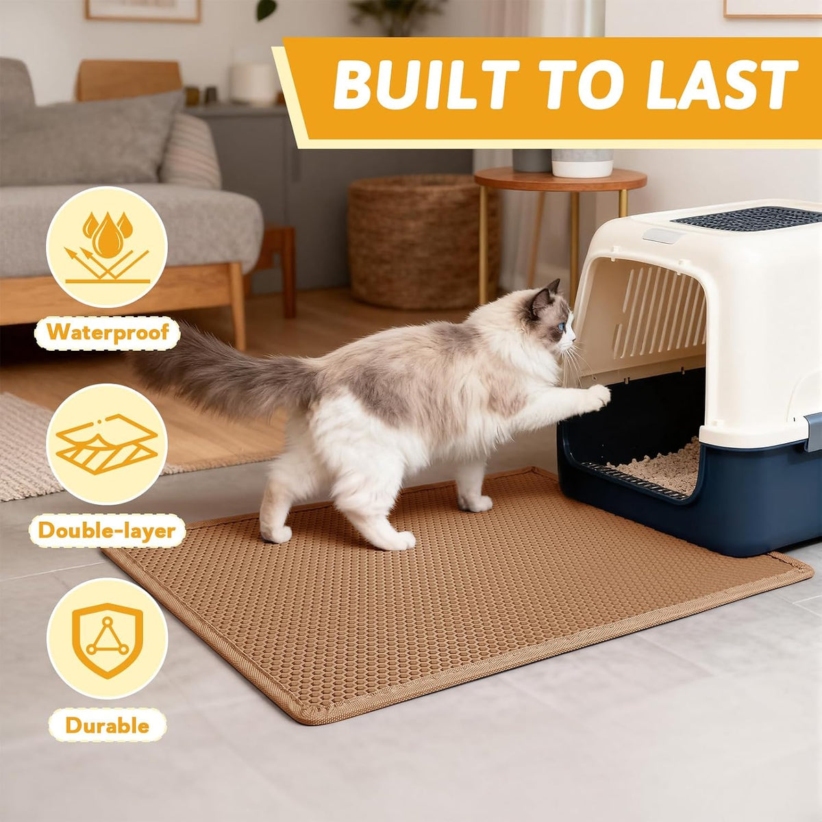 Pieviev cat litter mat positioned neatly beside a litter box