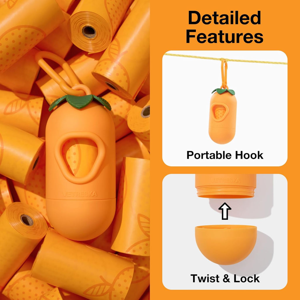 Tangerine shaped pet waste bag holder with universal leash clip