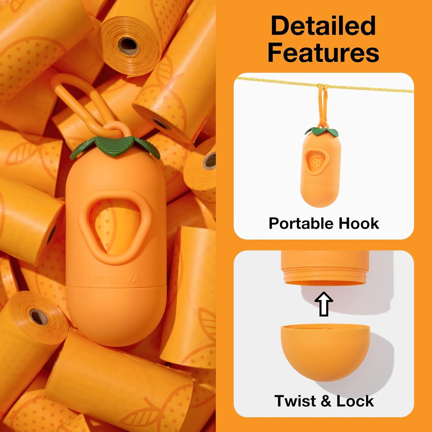 Tangerine shaped pet waste bag holder with universal leash clip