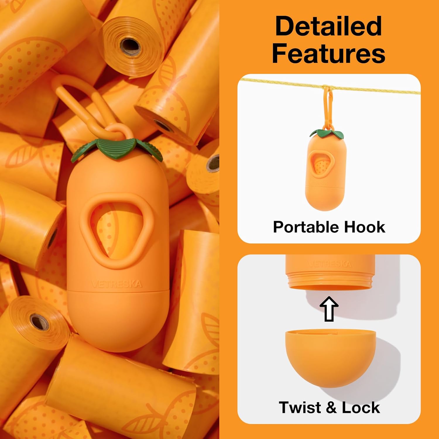 Tangerine shaped pet waste bag holder with universal leash clip