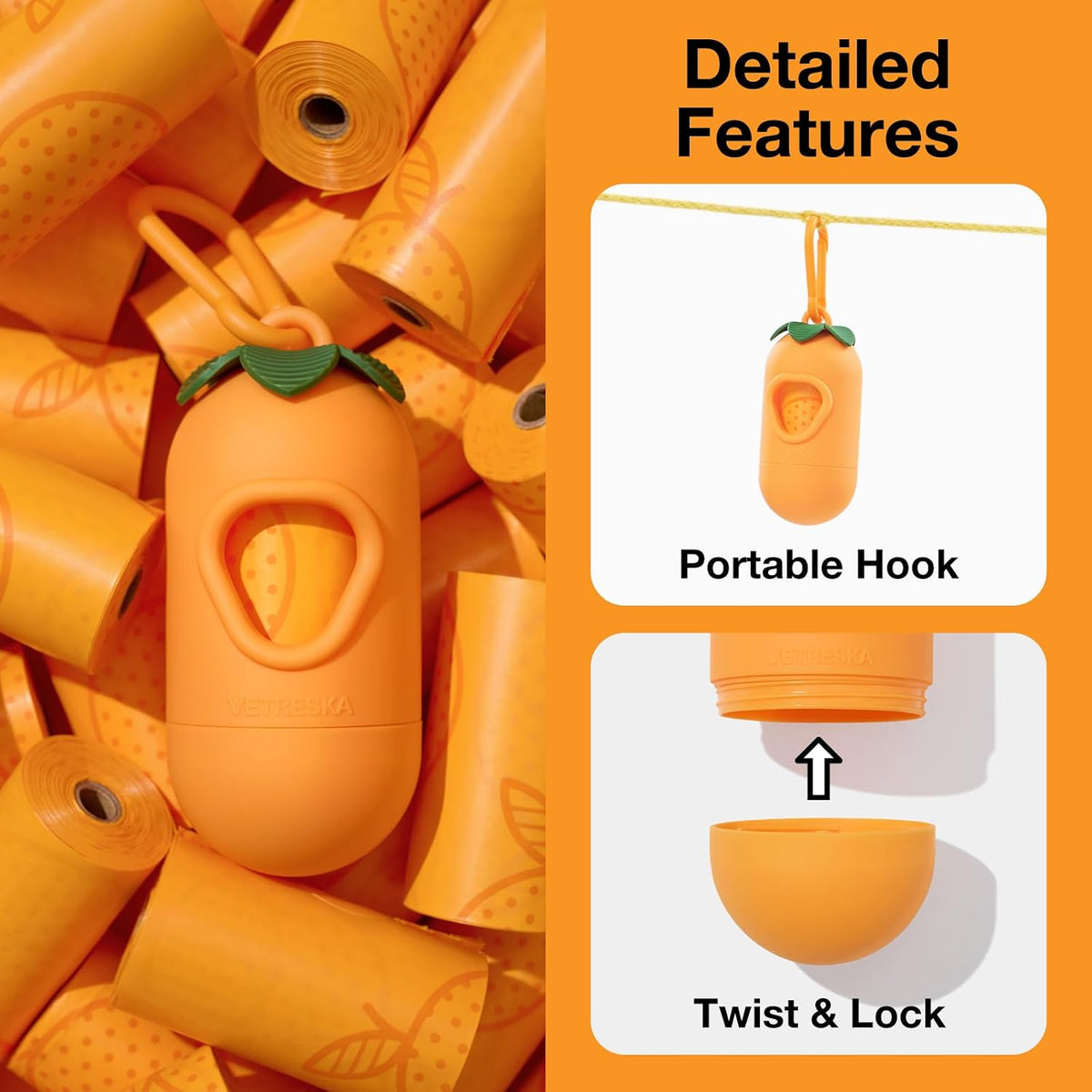 Tangerine shaped pet waste bag holder with universal leash clip