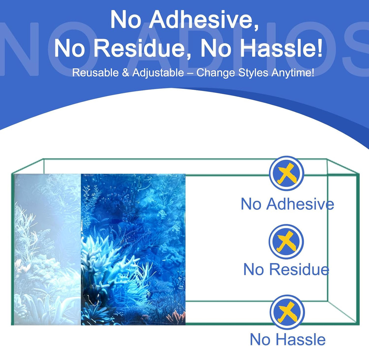 Waterproof PVC aquarium wallpaper poster showing zero residue application on glass.