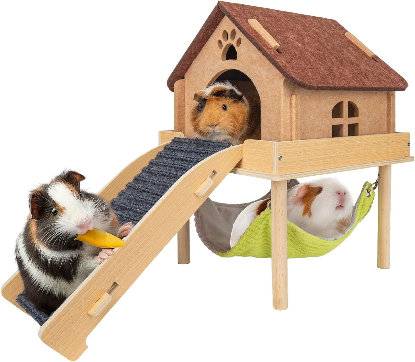 BESNEW 3 in 1 Enlarged Guinea Pig Hammock front view wooden small animal habitat