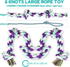 Close-up of the six tight knots on the multi-colored heavy duty pet pull rope.