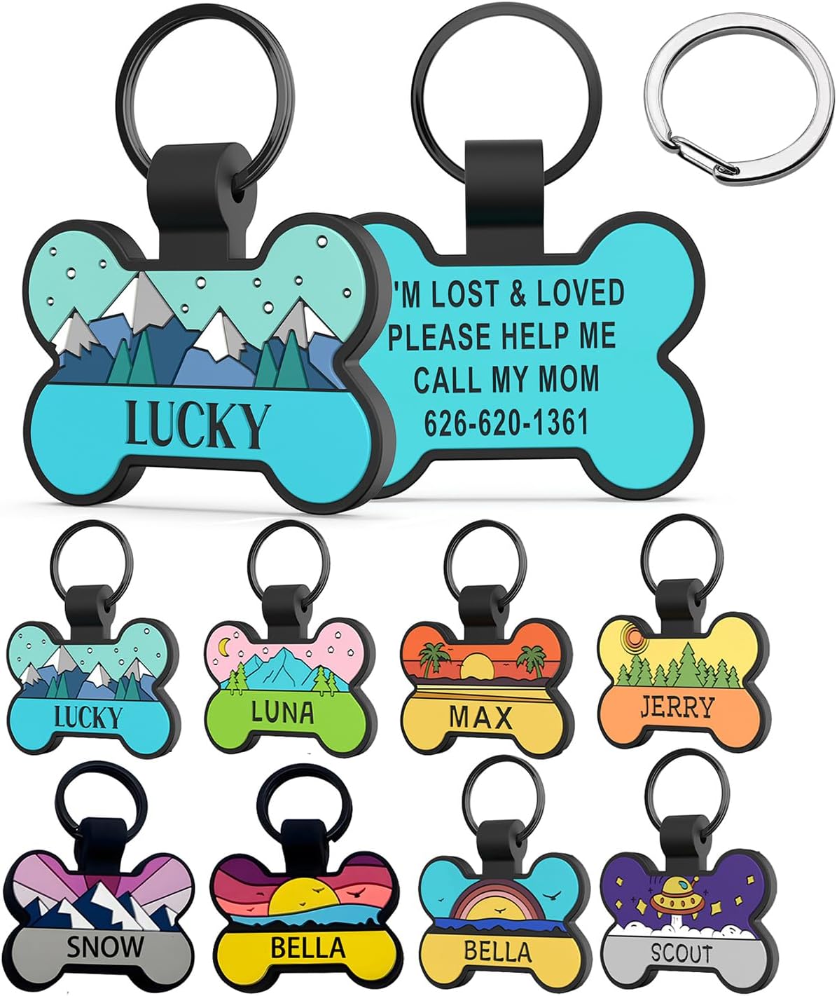 HQYDDMI silent dog tag front view showing personalized bone shape design