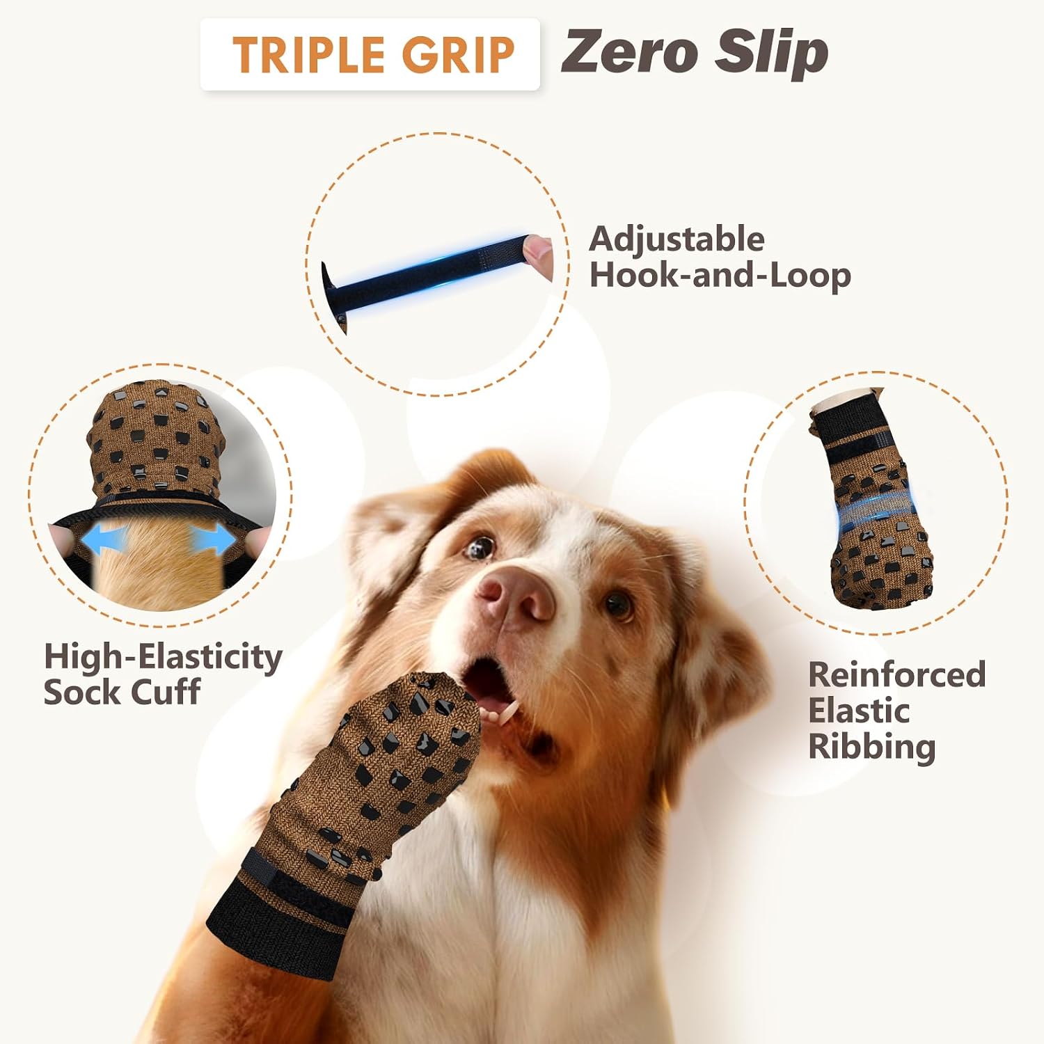 Close up of double sided rubber traction grips on dog socks