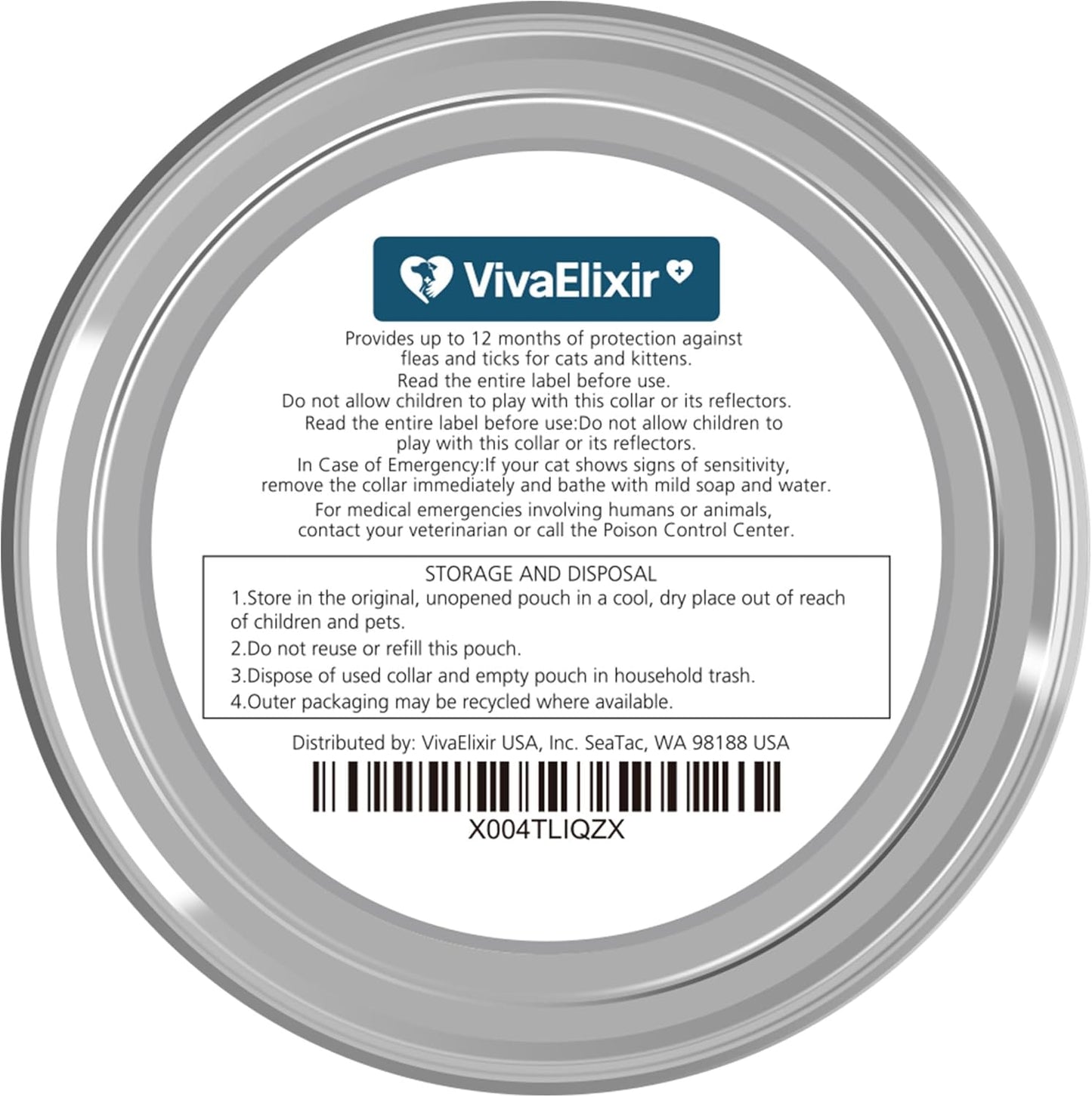 VivaElixir cat flea collar packaging side view with 12 month label