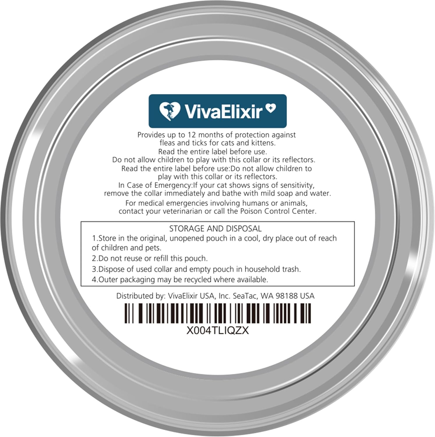 VivaElixir cat flea collar packaging side view with 12 month label