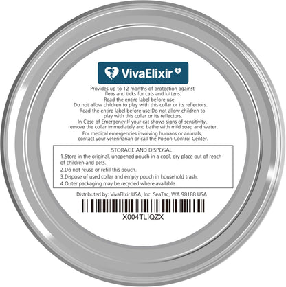 VivaElixir cat flea collar packaging side view with 12 month label