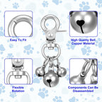 An overview of the complete eight piece silver pet training bells set demonstrating product packaging contents