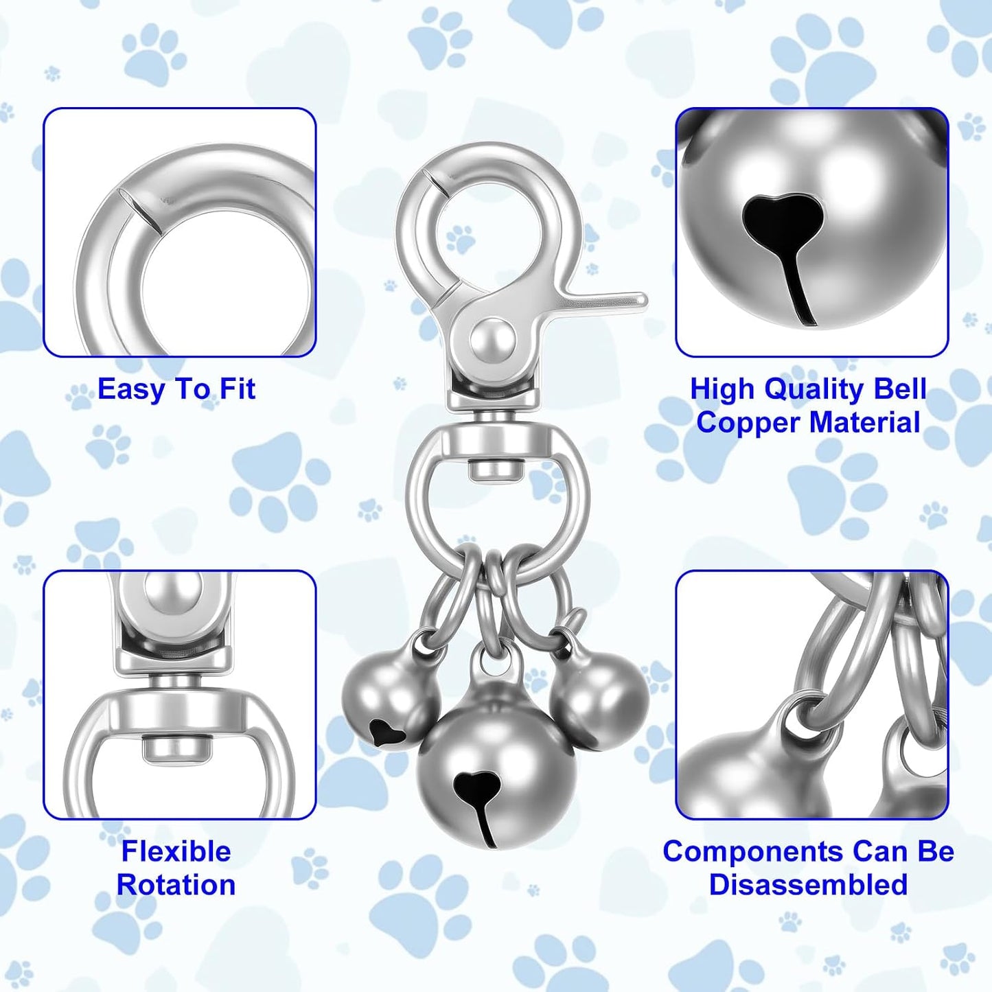 An overview of the complete eight piece silver pet training bells set demonstrating product packaging contents